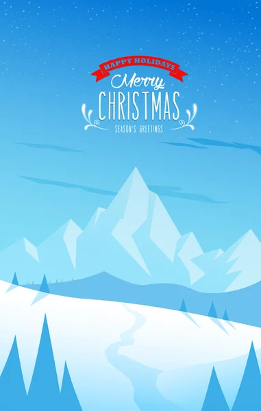 Inverno paisagem montanhosa e feliz texto de Natal com — Vetor de Stock