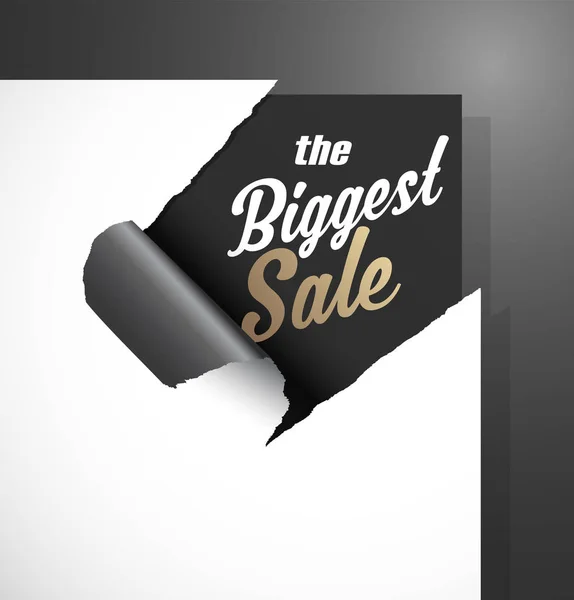 The Biggest Sale text uncovered from teared paper corner. — Stock Vector