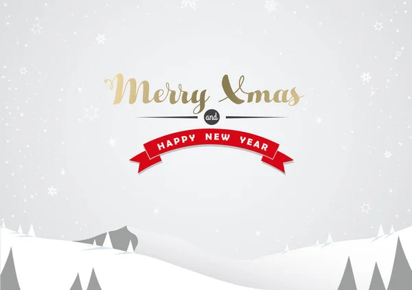 Paisaje de montaña de invierno y texto de Feliz Navidad con pino — Vector de stock