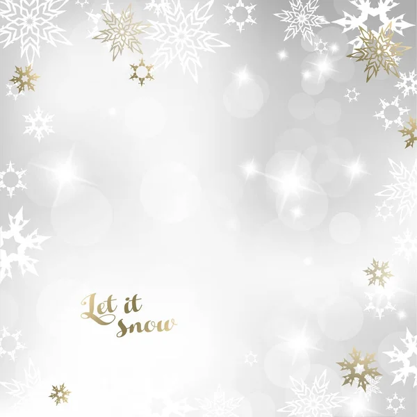 Jul ljus bakgrund med vita och gyllene snöflingor. — Stock vektor