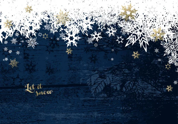 Weihnachten dunklen Hintergrund mit weißen und goldenen Schneeflocken. — Stockvektor