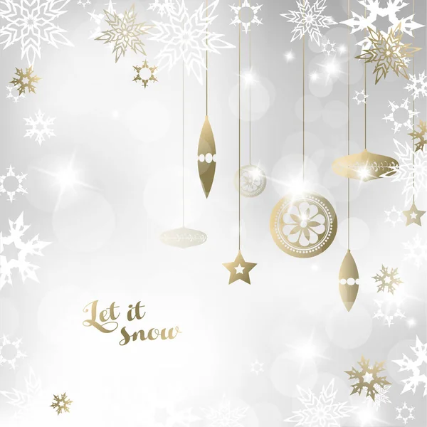 Jul ljus bakgrund med vita och gyllene snöflingor och — Stock vektor