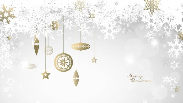 Fondo ligero de Navidad con copos de nieve blancos y dorados y — Vector de stock