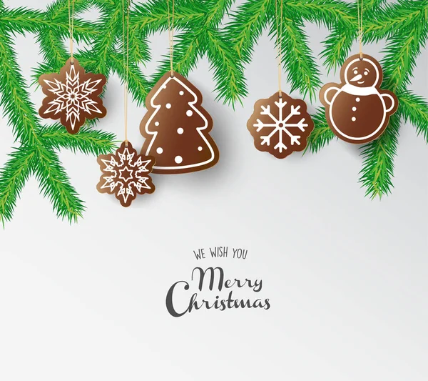 Bonbons suspendus en pain d'épice avec souhaits de Joyeux Noël et pin — Image vectorielle