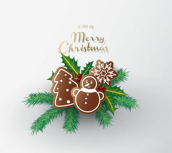 Dulces de jengibre con felices deseos de Navidad y ramas de pino — Archivo Imágenes Vectoriales