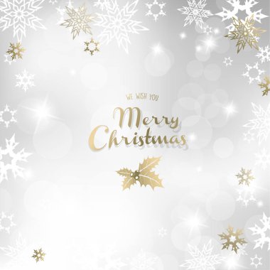Işık gümüş arka plan üzerinde birçok kar taneleri ile mutlu Noeller.