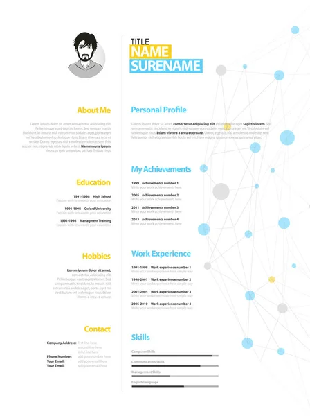 Creatieve eenvoudige cv-template met gele en blauwe cirkels en stip — Stockvector