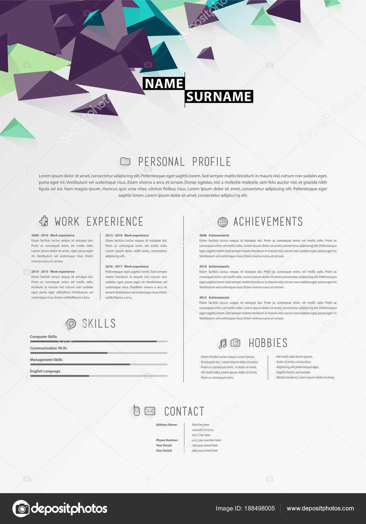 creative simple cv template with triangle shapes in header