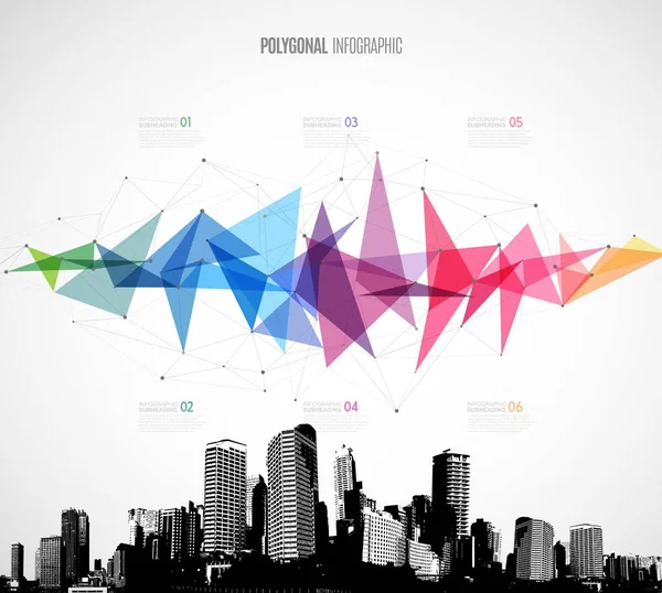 Modelo infográfico com cinco círculos, ícones e cidade . — Vetor de Stock