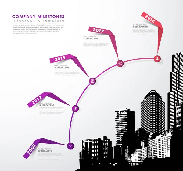 Modèle d'infographie avec cinq cercles, icônes et ville . — Image vectorielle