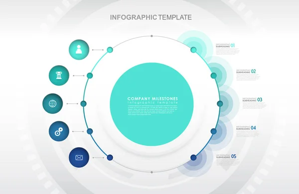 Infographic sjabloon met vijf kleurrijke vormen en pictogrammen. — Stockvector