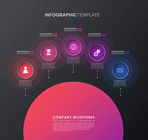 Infographic template with five colorful shapes and icons. — Stock Vector