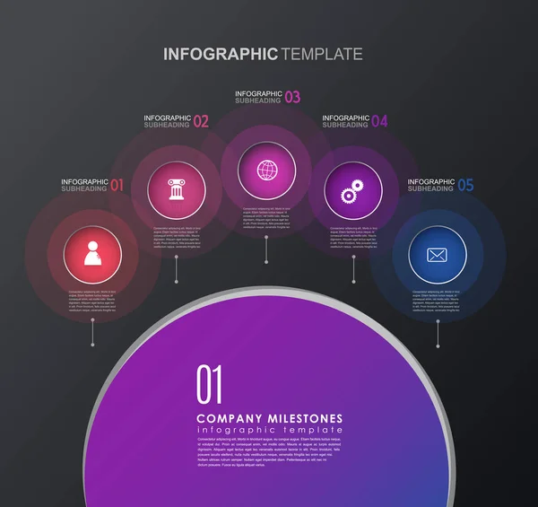 Infografika szablon z pięciu kolorowe kształty i ikony. — Wektor stockowy