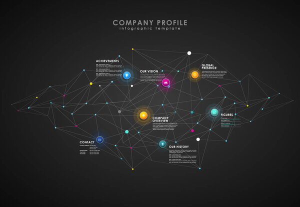 Company profile overview template with colorful circles, dots on