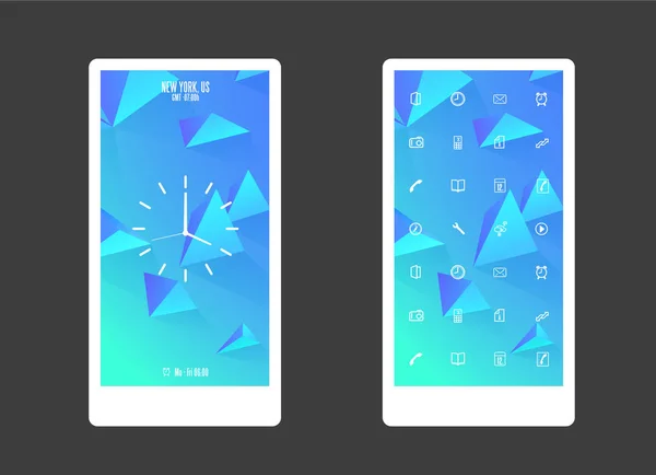 Abstrakter farbiger Hintergrund mit Dreiecken und App-Symbolen. Mobil — Stockvektor