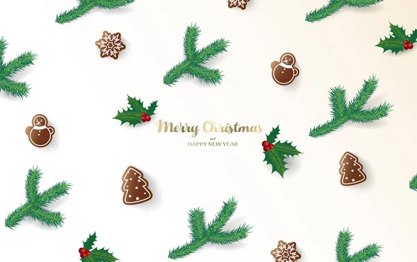 Пряничные конфеты с пожеланиями Рождества и сосновыми ветвями — стоковый вектор