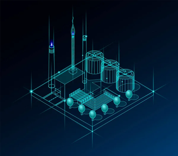 Ilustración Oscura Fábrica Neón Con Tuberías Chimeneas Objetos Industriales Edificios Vector De Stock