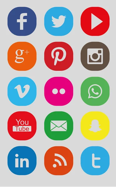 Gran colección de iconos de color cuadrado redondo como Facebook, Twitter, Youtube, Google plus, Pinterest, Instagram, Vimeo, Flickr, WhatsApp, Snapchat, Mail, LinkedIn, Rss. Todos son compatibles con PNG Alpha — Vector de stock