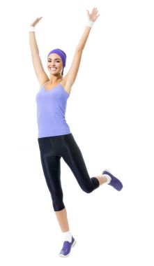 mutlu gülümseyen kadın atlama ya da fitness aerobik egzersiz, 