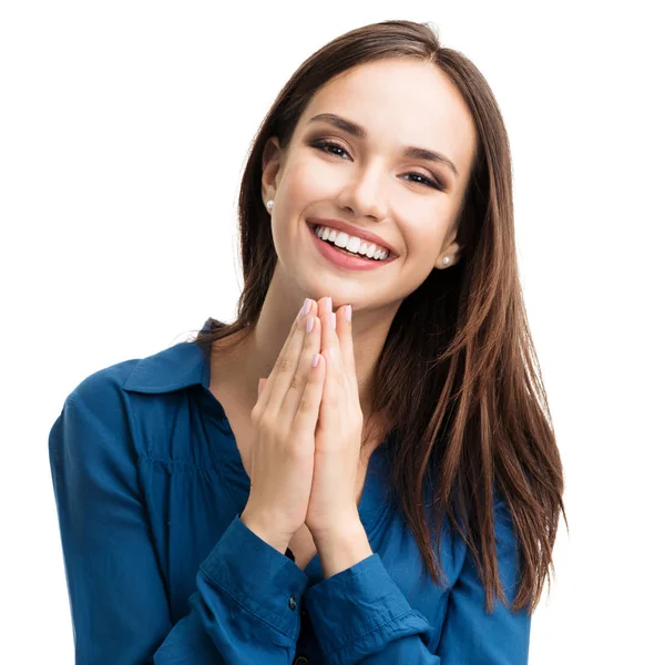 Gelukkig gebaren lachende jonge vrouw, geïsoleerd — Stockfoto