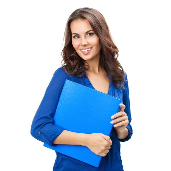 Young businesswoman with blue folder, isolated — Stock Photo, Image