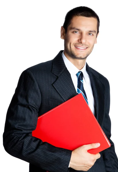 Retrato de feliz sonriente joven hombre de negocios con carpeta roja — Foto de Stock