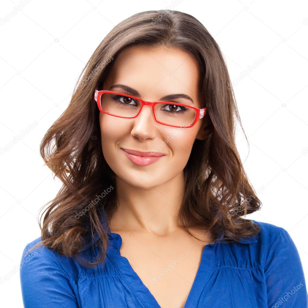 Young cheerful businesswoman in glasses, isolated