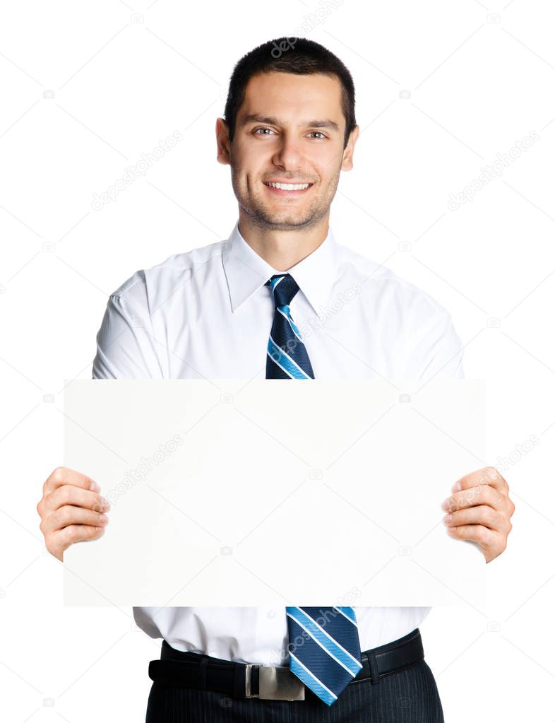 Businessman showing signboard, isolated