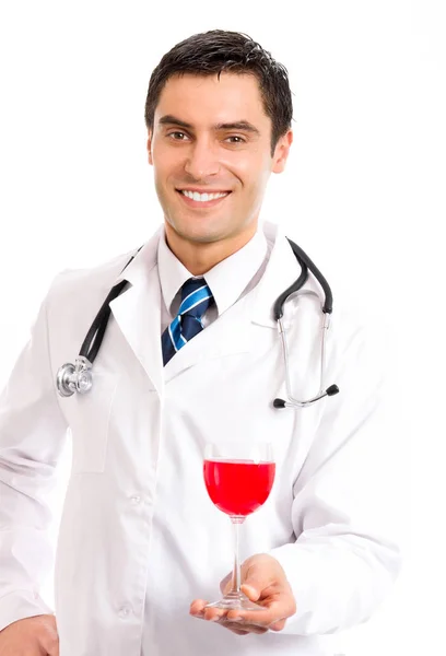 Happy doctor with glass of red wine, isolated — Stock Photo, Image