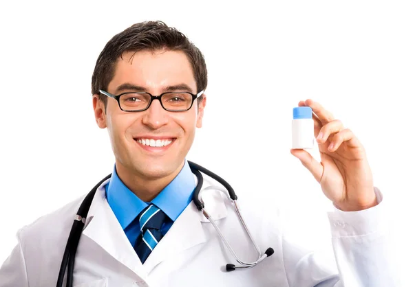 Medico felice con droga, isolato su bianco — Foto Stock