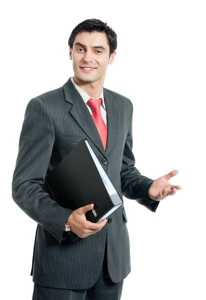 Young businessman with folder, isolated — Stock Photo, Image