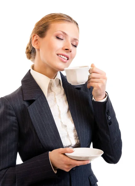 咖啡，白色上孤立的女商人 — 图库照片
