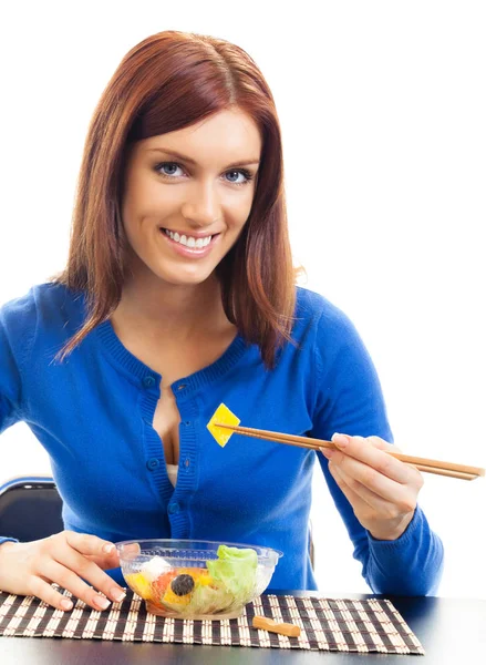 Smiling woman with salad, isolated — Stock Photo, Image