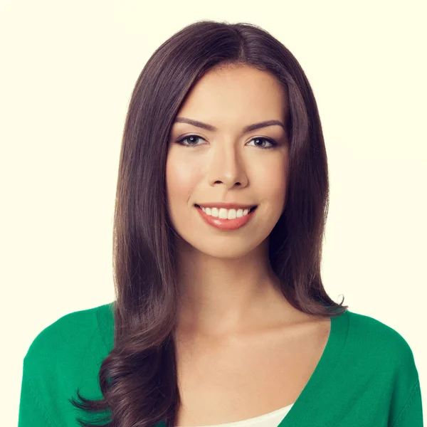 Mulher sorridente em verde casual roupas inteligentes — Fotografia de Stock