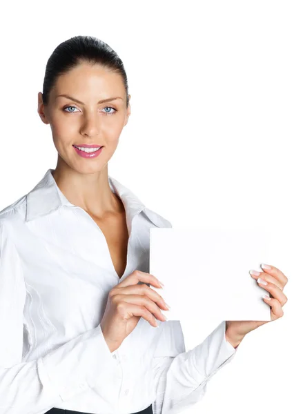Молода бізнес-леді, що показує вивіску, ізольована на білому — стокове фото