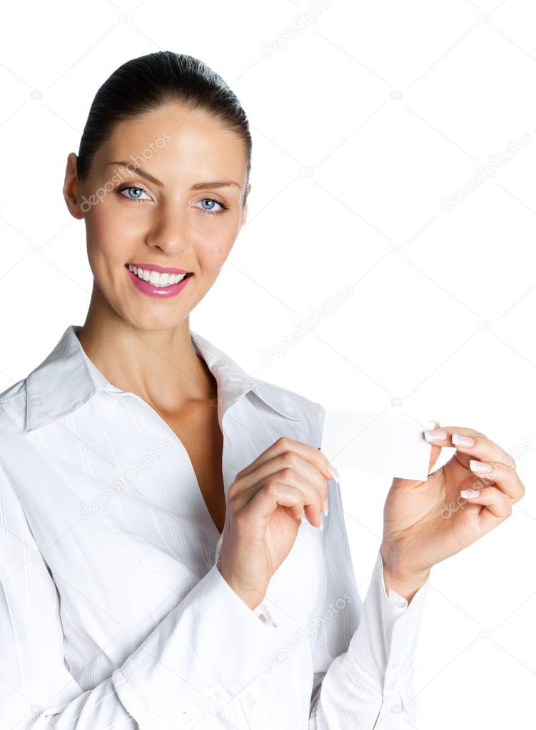 Businesswoman giving business card, isolated