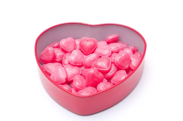 Pink heart candies in heart shape box for Valentine day  isolate — Stock Photo, Image