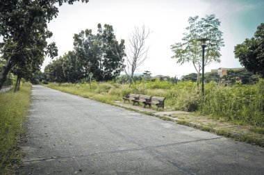 Büyük bahçede bank ile boş sokak