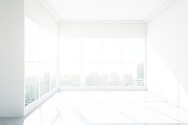 Minimalistic interior design with white walls, floor, ceiling and panoramic windows with city view. 3D Rendering