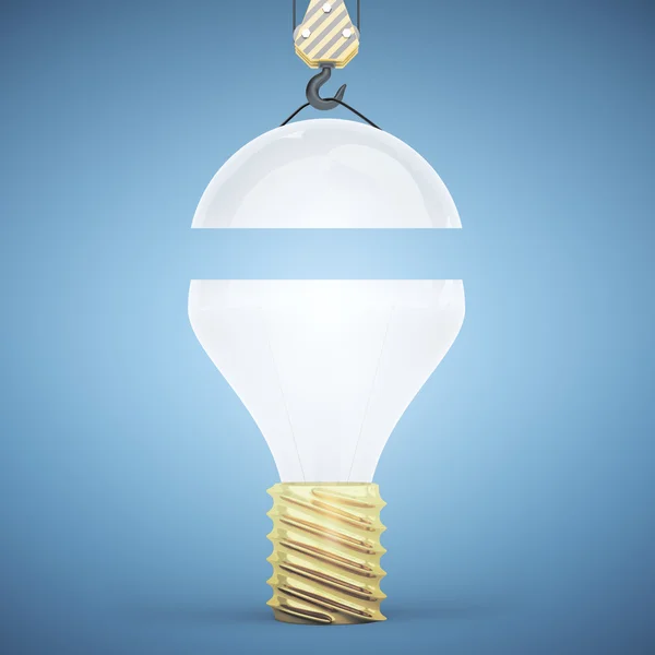 Ampoule abstraite suspendue au crochet de la grue. Fond bleu. Concept d'idée. Rendu 3D — Photo