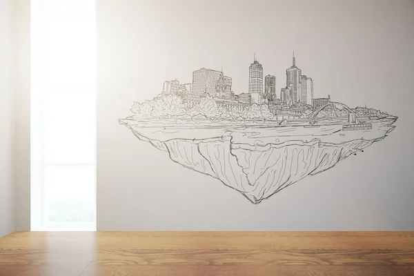 Interno con disegno paesaggio urbano — Foto Stock