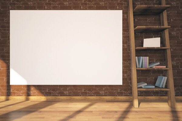 Red brick interior with blank white billboard, wooden floor and creative ladder shelves with items. Mock up, 3D Rendering