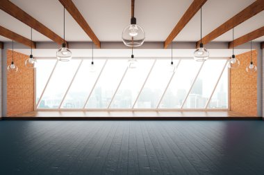 Yaratıcı iç ahşap zemin, tavan lambaları, tuğla duvarlar ve pencere şehir manzaralı. 3D render