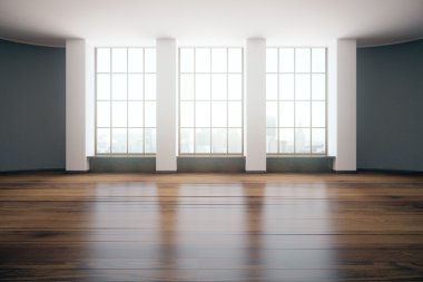 Ahşap zemin ve windows şehir manzaralı modern boş oda tasarımı. 3D render