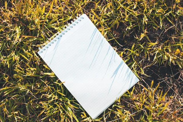 Blank notepad on grass topview — Stock Photo, Image