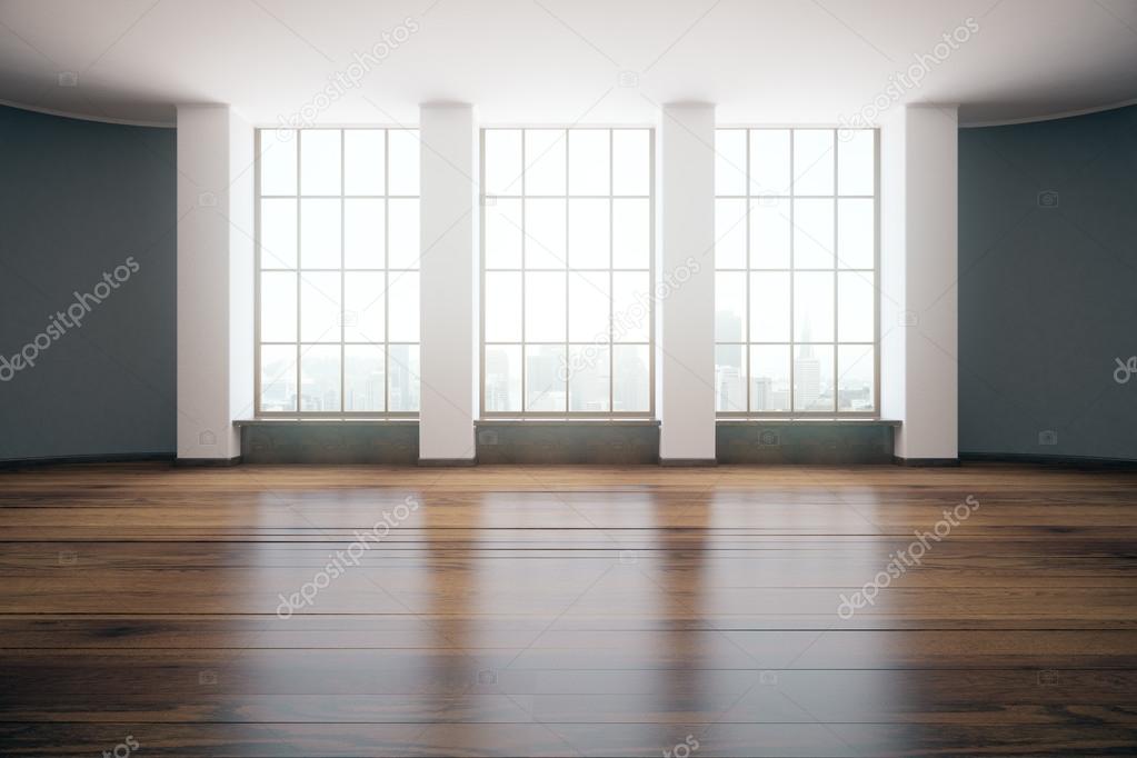 Modern unfurnished room design with wooden floor and windows with city view. 3D Rendering