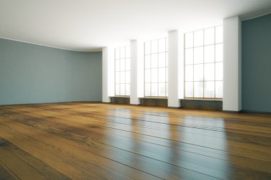 Ahşap zeminve şehir manzaralı pencerelerile modern mobilyasız iç. 3d Rendering