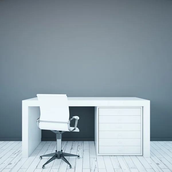 Witte bureaublad en fauteuil op blanco betonnen wandachtergrond. Mock up, 3D Rendering — Stockfoto