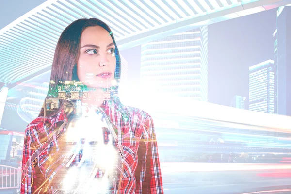 Woman on abstract city background — Φωτογραφία Αρχείου