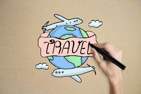 Disegno a mano schizzo di viaggio creativo su hackground beige. Concetto di viaggio — Foto Stock